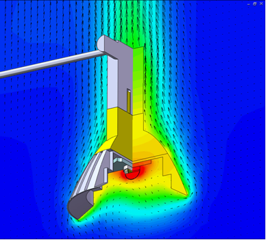 Temperatures on a 2-D slice through the center of the lamp with vectors showing flow caused by natural convection over the outside of the lamp.