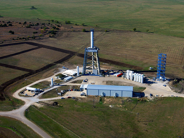 View of the large test stand, part of SpaceX’s rocket development facilities in McGregor, Texas.