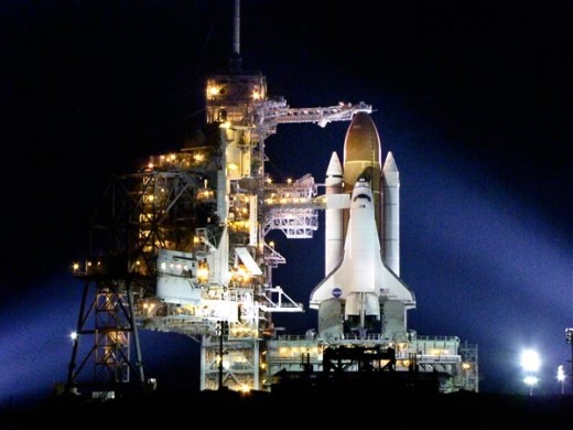 Space shuttle Endeavour on the launch pad.