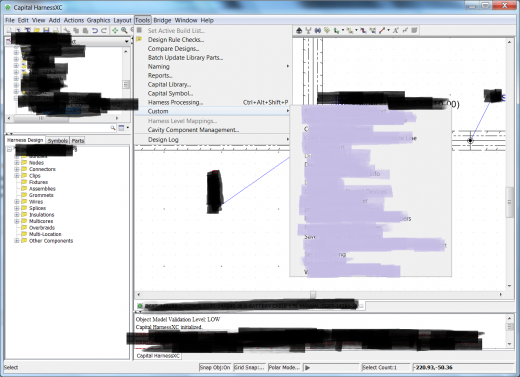 Custom actions and reports and DRC's in Harness XC private to a customer have been censored in this picture.