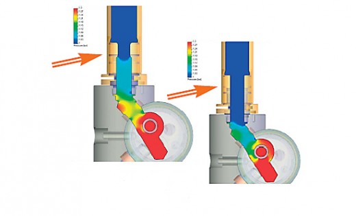 The pressure drop (right image) was reduced after the model was revised. Image courtesy of Grohe and Mentor Grpahics.